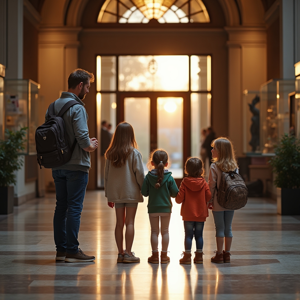 A family with children at a museum entrance using the Karta Dużej Rodziny discount card