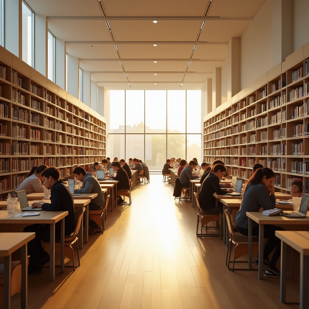 Interior of a modern municipal library reading room in Poland with natural light