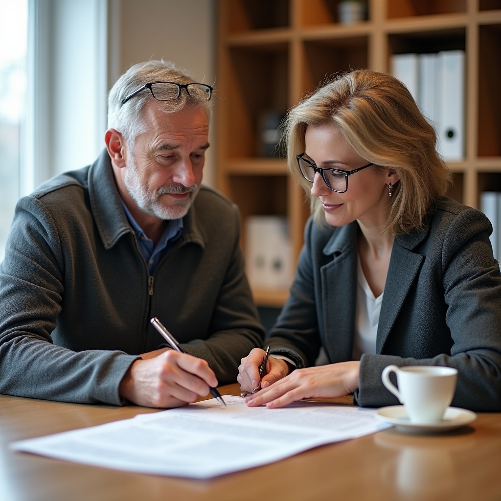 A middle-aged man consulting with a legal advisor at a municipal office about tenancy documents